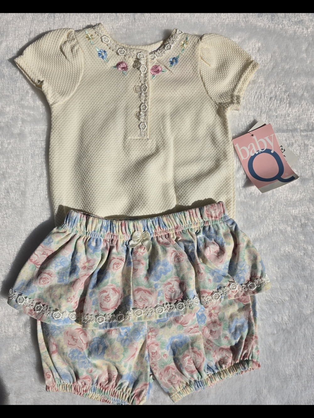 babyQ Cream Floral Girls' Matching Set - Cream Top & Pastel Floral Shorts